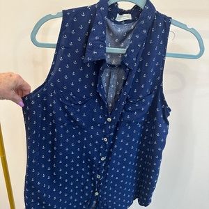 NAVY WOMEN'S SLEEVELESS BUTTON DOWN NAUTICAL TOP SIZE M